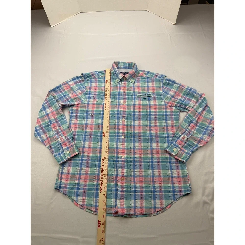 Vineyard Vines Harbor Shirt Mens Medium Multicolor Plaid Seersucker Fishing Vent